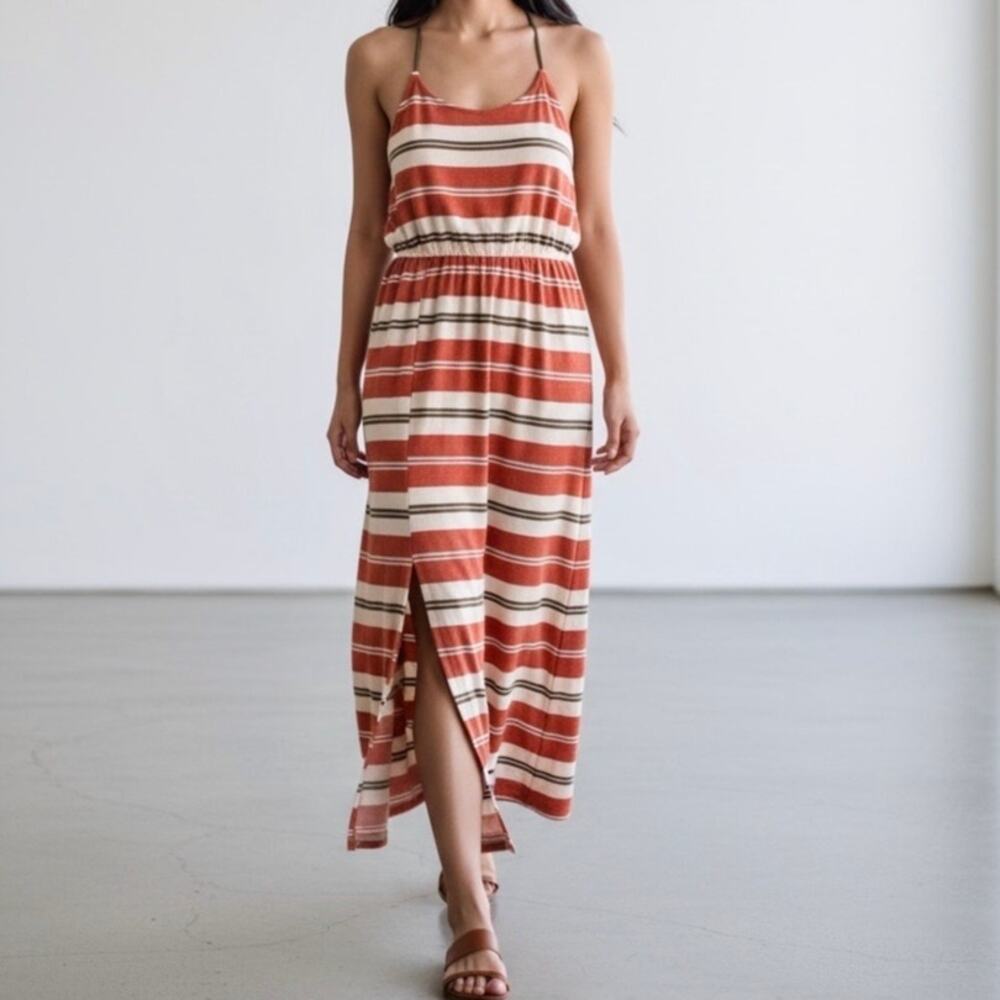 Nell Couture Silk Chiffon Maxi Dress Size 4 Orange Striped Braided Strap Resort
